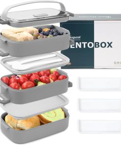 Bugucat Lunchbox 2400ML, 3 in 1 Bento Box Brotdose Auslaufsicher Luftdichte Brotzeitbox mit Fächern und Besteckset,Frühstücksbox Jausenbox für Unterwegs,Brotbüchse Vesperdose für Erwachsene Grau