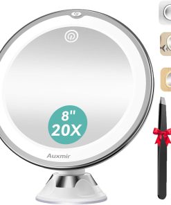 Auxmir Kosmetikspiegel mit Beleuchtung, 20X Vergrößerungsspiegel, 3 Lichtfarben Modi und Starker Saugnapf, 360°drehbarer Make-up Spiegel 34 LEDs, 8 Zoll Dimmbarer Rasierspiegel für Zuhause Bad Reise