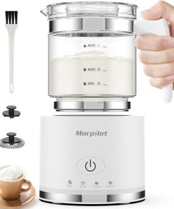 Morpilot Milchaufschäumer Elektrisch, 130-500ml 600W, 4 in 1 Milchschäumer für Heißer und Kalter, Spülmaschinenfest, Visuelles Glas, Latte-Design, Weiß