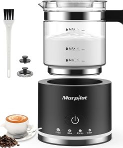 Morpilot Milchaufschäumer Elektrisch, 130-500ml 600W, 4 in 1 Milchschäumer für Heißer und Kalter, Spülmaschinenfest, Visuelles Glas, Latte-Design, Schwarz