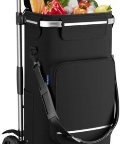 ELONEO Einkaufstrolley klappbar, Einkaufswagen mit Kühlfach, 3in1 Trolley, Sackkarre & Umhängetasche, Einkaufsrollwagen, Shopping Trolley 43L Kapazität & Spanngurt, Hackenporsche Schwarz