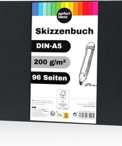 perfect ideaz - Skizzenbuch DIN-A5 Quer, Spiralbindung, FSC® zertifiziert, 96 Seite (48 Blatt), Hardcover Schwarz, Sketchbook, 200 g/m² dickes Papier, säurefrei (1 Skizzenbuch (Schwarz-Quer))
