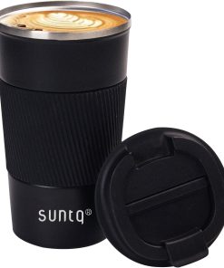 SUNTQ Kaffeebecher to go Thermo aus Edelstahl - Thermobecher mit Gummierte Manschette Doppelwand Isoliert - Kaffeetasse mit Auslaufsicherem Deckel Wiederverwendbar 510ml Schwarz