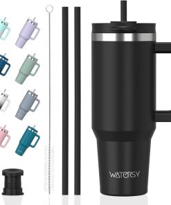 WATERSY 1.2L Thermobecher mit 2 Strohhalmen, Trinkbecher Auslaufsicherer Kaffeebecher To Go Vakuum-Isoliert mit BPA frei Schraubdeckel, Trinkflasche Kühlt 12 Stunden,Schwarz