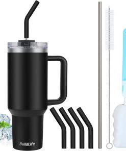 BuildLife 40oz Thermobecher to Go,Thermobecher mit Strohhalm und Griff,Doppelwandiger Isolierter Edelstahl Auslaufsicher Trinkbecher,BPA Frei,Spülmaschinenfest (Schwarz, 1200 Milliliter)