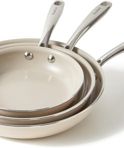 Redchef Pfannenset Keramik Induktion, Antihaft Bratpfannen 20/24/28 cm für alle Herdarten, PTFE-frei PFAS-frei PFOA-frei, Induktionsgeeignet, Backofenfest, Spülmaschinenfest (Beige)