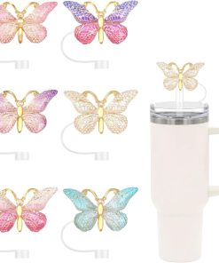 Hebterrka Thermobecher Zubehör Mit 6 Bunten Schmetterling Staubschutzkappen, Strohhalme Schutz Für 40/30oz Reisebecher, Dichtung Deckel, Sicher Und Dicht