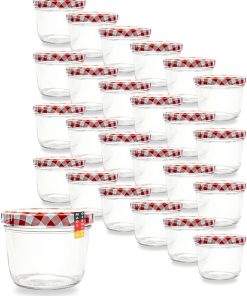 Flaschenbauer 24er Set Premium Sturzgläser 230 ml – Vielseitige Marmeladengläser & Einmachgläser mit farbigem Twist-Off-Deckel, inklusive Etiketten. Ideal für Suppen, Dips, Tee, Kräuter (Rot-Kariert)