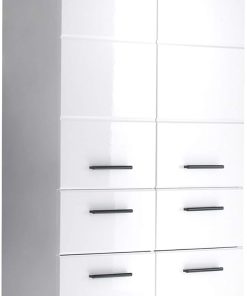 trendteam smart living - Skin - Hochschrank - Weiß/Weiß Hochglanz - Badschrank 12 Fächer und 2 Schubladen - (BxHxT) 30 x 182 x 31 cm - Schwarze Griffe - Kratzfest