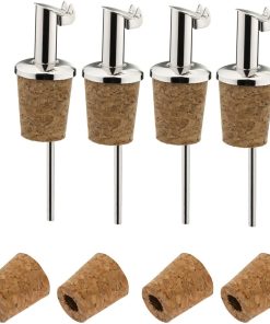 Westmark 4 Spirituosen-/Öl-Ausgießer + 4 Ersatzkorken, mit Kläppchen, mit Luftröhrchen, kurz, Metall/rostfreier Edelstahl, Naturkorken, Inox Gastro, Silber, 457022E3