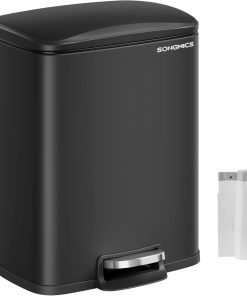 SONGMICS Mülleimer, Mülleimer mit Deckel, 20 l, Stufen-Mülleimer für Küche, Edelstahl, Absenkautomatik und bleibt offen, Inneneimer, inklusive 15 Müllbeutel, Schwarz ULTB543B01