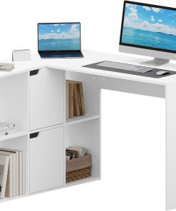 eSituro Schreibtisch L-Form, Eckschreibtisch mit Regalen, Weiß, 120x100x75 cm, Computertisch Bürotisch PC Tisch mit Ablagen, für Arbeitszimmer Wohnzimmer Schlafzimmer