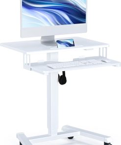 BONTEC Schreibtisch Höhenverstellbar mit Tastaturablage, mobiles Podium, Computer-Workstation bis zu 15 kg, Laptop-Sitz- oder Stehschreibtisch auf Rädern, höhenverstellbarer Stehtischm, Weiß