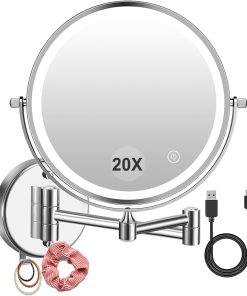 Amelar Kosmetikspiegel mit Beleuchtung, 2000mAh Wiederaufladbar 1X/20X Vergrößerungsspiegel Wandmontage mit Haken, 3 Farben Dimmbar, 360° Drehbar Schminkspiegel für Badezimmer