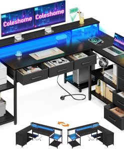 Coleshome Gaming Tisch mit 7 Schubladen & Großzügigem Stauraum, 179.5×135.5cm Eckschreibtisch mit RGB LED, Reversibler Schreibtisch L Form mit 2 Steckdosen, Ideal für Büro & Gaming, Schwarz