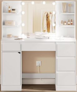 WOLTU Schminktisch mit Beleuchtung, Steckdosenleiste, Einstellbarer Helligkeit, Große Schminktisch mit Spiegel, 5 Schubladen, offenen Fächern, Schrank, Frisiertisch Weiß für Schlafzimmer, MB6117ws