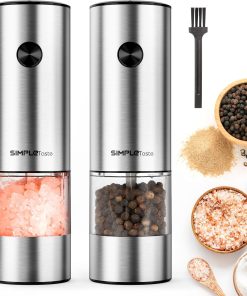 SIMPLETASTE Elektrische Pfeffermühle Salzmühle, mit Verstellbarem Keramikmahlwerk 2er Set Gewürzmühle aus Edelstahl Batteriebetrieben mit LED