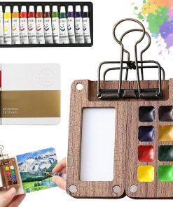 XUDUOO Mini Aquarell Set, Pocket Aquarell Set 12 Farben Holz Mischpalette & Sketchbook, Reise Wasserfarbpalette, Portable Watercolor Palette für Künstler, Outdoor Skizze, Anfänge
