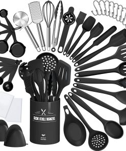 Küchenhelfer Set, 43-teiliges Silikon Kochutensilien Kochbesteck Set, Hitzebeständiger Kochgeschirr mit Utensilienhalter, Antihaft Kochset Küchenutensilien, Spülmaschinenfest - Schwar
