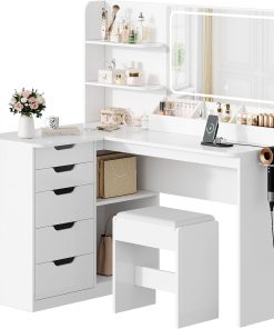 TRIUMPHKEY Schminktisch mit Spiegel, Eck Frisiertisch mit LED Beleuchtung Verstellbarer Helligkeit und hocker, Kosmetiktisch mit 5 Schubladen, Steckdose, Haartrocknerhalter (Weiß)