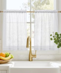 PONY DANCE Scheibengardinen Kurz Leinenoptik Gardinen Weiss Halbtransparent Fenstergardinen 2er Set B 60 x H 45 cm Küchengardinen Fenster Kurzgardinen mit Stangedurchzug Dekoration