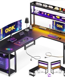 ODK Gaming Tisch mit LED, 150×120 cm Reversibel Schreibtisch L Form mit 2 Steckdosen und 2 USB Ladeanschluss, Eckschreibtisch Schwarz mit Stall und Lagerregal