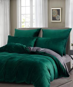 Boqingzhu Flauschige Plüsch Bettwäsche 135x200cm Grün Dunkelgrün Grau Uni Wende Bettwäsche Set Cashmere Touch Winter Kuschelig Bettbezug mit Reißverschluss und Kissenbezug 80x80cm