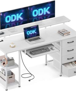 ODK Schreibtisch mit 4 Schubladen, 140x52x92cm Computertisch mit 2 Steckdosen und 2 USB Ladeanschluss, PC Tisch mit Regal, Gaming Tisch mit Tastaturablage fürs Büro, Wohnzimmer, Weiß