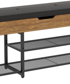 Mondeer Schuhbank mit Gepolstertem Sitzfläche, Schuhregal mit 2 verstellbares Gitterablagen Stauraum unter dem Deckel Industriestil für Flur Eingang Schlafzimmer, 96 x 30 x 50 cm, Vintagebraun-schwarz