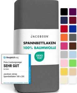 Jacobson Jersey Spannbettlaken Spannbetttuch Baumwolle Bettlaken (120x200-130x200 cm, Anthrazit)