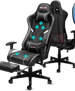 Douxlife Gaming Stuhl, mit 7 Punkt Massage, Fußstütze, Ergonomischer Bürostuhl, 90-175° Rückenlehne Einstellbar, Verstellbare 2D Armlehne, PC Gamer Stuhl Schreibtischstuh, 180KG, Grau