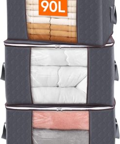 Lifewit 3 Stück 90L Aufbewahrungstasche, Aufbewahrungsbox mit Deckel, Groß Kleideraufbewahrung Umzugskartons, Faltbare Aufbewahrung Boxen für Bettdecken Decken Kleidung Unterbett Kleiderschrank, Grau