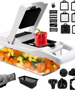 23 in 1 Gemüseschneider, Gemüse Schneider mit 12 Klingen Edelstahl und Handschuhe, Würfelschneider Zwiebelschneider, Vegetable Chopper Dicer für Gemüse und Obst, Karotte, Kartoffel, Knoblauch