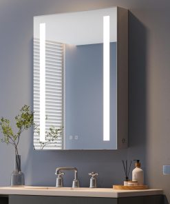 Dripex Spiegelschrank Bad mit Beleuchtung, 60 x 80 cm Grau LED Badezimmerschrank mit Spiegel, Linkstürig, 3 Lichtfarbe Einstellbar, Glasablage und Steckdose, Dimmbar, Beschlagfrei, Verbesserte Version