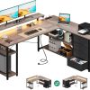 ODK Schreibtisch mit Schubladen, 155×110cm Reversible Eckschreibtisch mit 2 Steckdosen und 2 USB Ladeanschluss, Bürotisch L Form mit LED für Home Office, Graue Eiche