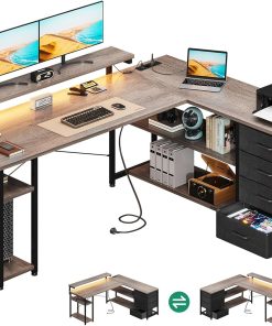 ODK Schreibtisch mit Schubladen, 155×110cm Reversible Eckschreibtisch mit 2 Steckdosen und 2 USB Ladeanschluss, Bürotisch L Form mit LED für Home Office, Graue Eiche