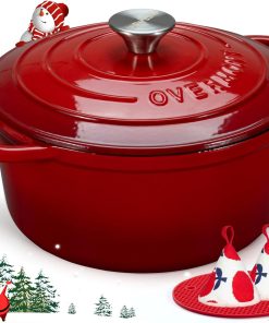 Overmont Schmortopf Gusseisen Topf 26cm - Emaille Bräter mit Deckel backofengeeignet - mit Kochbuch - für Küche Backen Schmoren Braten Rot