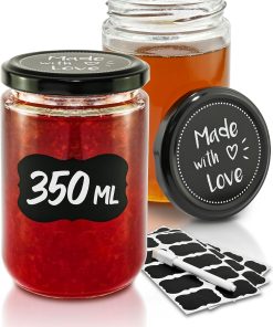 Praknu 12 Einmachgläser mit Deckel 350ml - Mit Etiketten & Stift - Luftdicht - Spülmaschinenfest - Ideal zum Verschenken