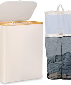 iEGrow Wäschekorb150L XL-Extra Groß 2 Fächer Wäschesammler mit Bambusgriff und Deckel, Laundry Baskets, Wäschekörbe für Waschküche, Schlafzimmer, Badezimmer (Beige)