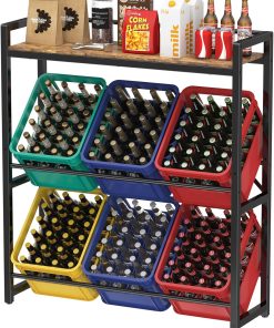 Lifewit Getränkekistenregal mit Ablage für 6 Kisten, Kistenregal Metall trag. 340 kg, 32D x 104W x 117,3H cm Freistehend Kistenständer Getränkeregal Wasserkistenregal Bierkistenregal, Rustikales Braun