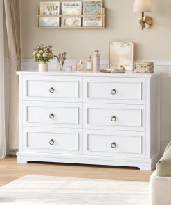 hefoths Kommode Weiß mit 6 Schubladen, 120 cm Breit Kommode mit Holzmaserung, Sideboard Komodenschrank für Schlafzimmer, Wohnzimmer, Schubladenschrank weiß mit Arbeitsplatte, 120 x 84 x 40 cm