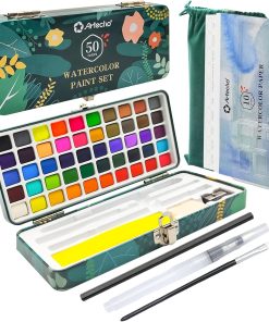 Artecho Aquarellfarben Set 50 Farben in Tragbarer Box Inklusive 4 Fluoreszierende, Wasserfarben with Aquarellpapier, pinsel und andere Zeichnung Werkzeuge, Ideal für Künstler und Hobbymaler