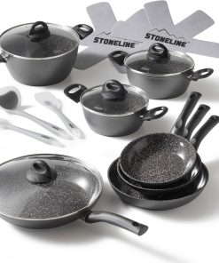 STONELINE Ceramic Keramikpfanne Töpfe Set 16 teilig 18/20/24/28 cm Töpfe Pfannen PFAS-frei Topfset Pfannenset Induktion Kochgeschirr Set mit Deckel Keramikbeschichtung mit echten Steinpartikeln, Grau