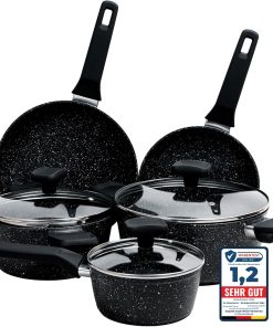 La Moustache - 8-Teiliges Kochgeschirr-Set aus Aluminium mit E-Book, Antihaftbeschichtet, 3 Töpfen, 3 Glasdeckeln und 2 Bratpfannen für Alle Herdarten Inklusive Induktion, PFOA/PFOS-Frei (Onix)