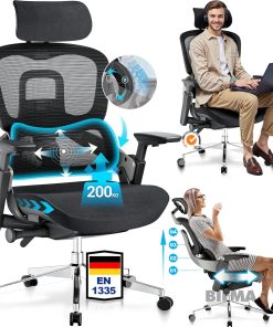 MELOKEA Bürostuhl 200KG gegen Rückenschmerzen, Office Chair mit Dynamische Lordosenstütze, 4D-Armlehnen, Rückenlehne Höhenverstellbar, Verstellbare Sitztiefe, EN 1335 Bürostuhl Ergonomisch Schwarz