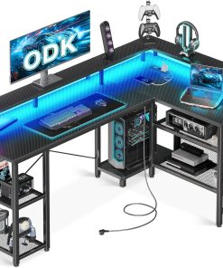 ODK Gaming Tisch mit LED, 150×102cm Reversibel Gaming Schreibtisch mit 2 Steckdosen & 2 USB-Ladeanschlüssen, Eckschreibtisch Groß mit Netzablage, Kohlefaser Schwarz