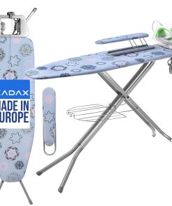 KADAX Bügelbrett mit Ärmelbrett, 120x30cm & 49x11cm Bügelfläche, höhenverstellbar, Dampfbügeltisch mit Kabelhalter, Ablage & rutschfesten Füßen, robuster Bügeltisch Made in EU (Hellblau)