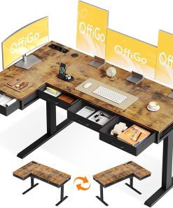 OffiGo Eckschreibtisch Höhenverstellbar, 160x80 cm Höhenverstellbarer Schreibtisch mit 4 Schublade, Elektrischer Tisch L Form mit Steckdose für Büro und Arbeitszimmer, Groß Ecktisch Vintage Braun