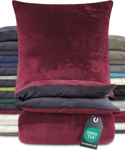 BaSaTex Winter Plüsch Bettwäsche Set Nicky-Teddy Cashmere-Touch Coral Fleece | 135x200 155x220 200x200 200x220 + 80x80 Kissenbezug | Größe: 135x200 | Farbe: Anthrazit Bordeaux