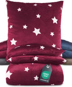 BaSaTex Winter Plüsch Bettwäsche Set Sterne Nicky-Teddy Cashmere-Touch | 135x200 155x220 + 80x80 Kissenbezug | Größe: 155x220 | Farbe: Bordeaux Rot